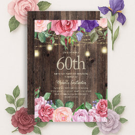 Rustika Rosa Lila Blommor Strängljus 60-årsfirande Inbjudningar