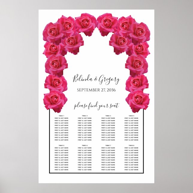 Rustika Rosa Rosor Bröllopsplatskarta Poster (Framsidan)