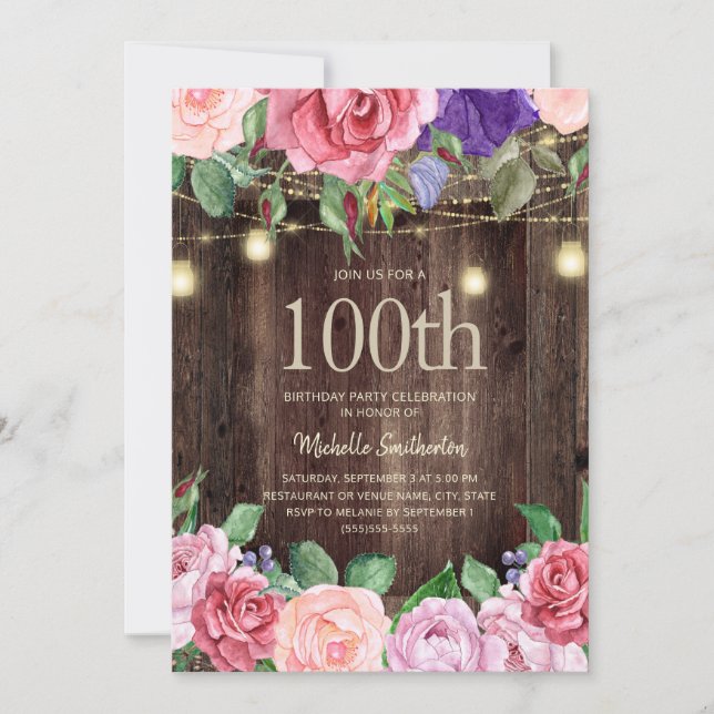 Rustika Rosa Violetta Blommor Strängljus 100-årsfi Inbjudningar (Framsida)