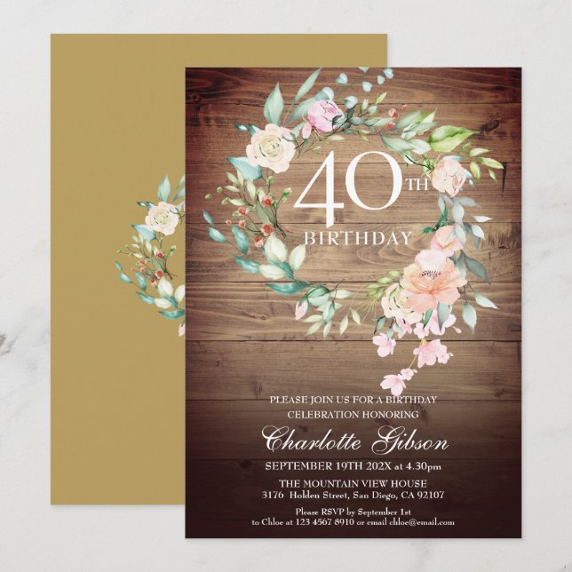 Rustika rosenkransmonogram 40-årsdag inbjudningar (Fram/baksida)
