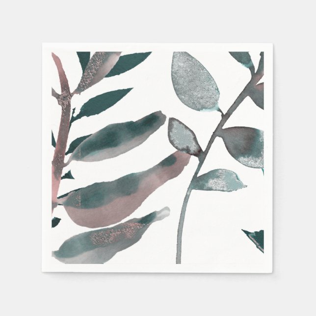 Rustika rosenskiftande gröna botaniska blad akvare pappersservett (Framsidan)
