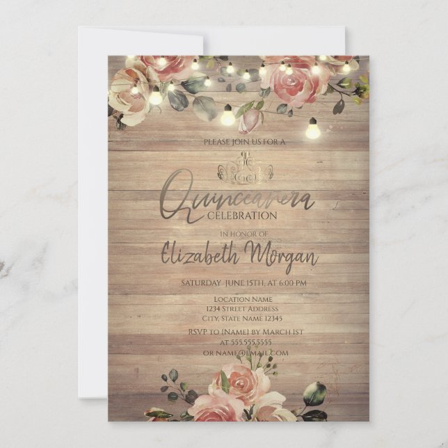 Rustika Roser Ljus, Tiara, Diamanter Quinceañera Inbjudningar (Framsida)