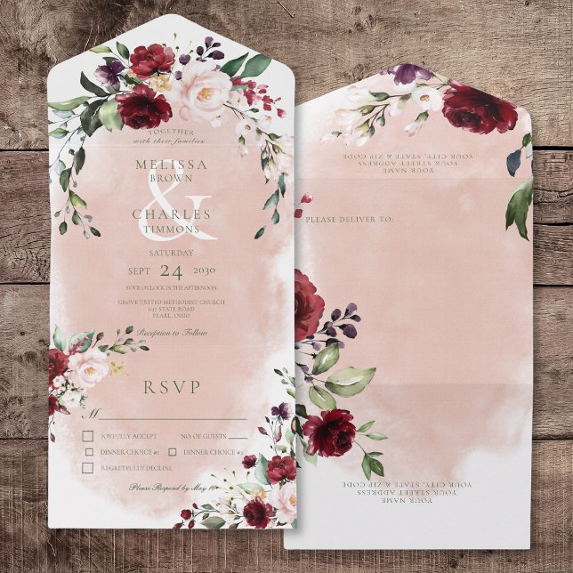 Rustika rosor i burgundy och rosa nyans till midda (Rustic Burgundy & Blush Pink Roses Front and Back)