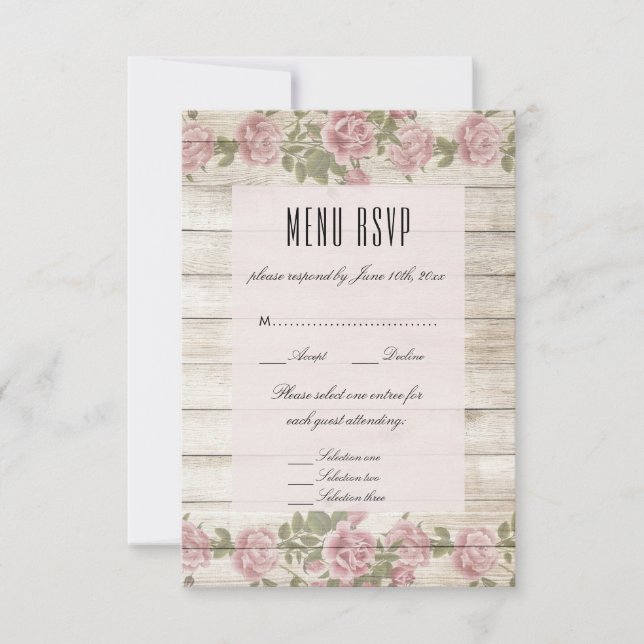 Rustika rosor på trä bryllopsmeny RSVP OSA Kort (Framsida)