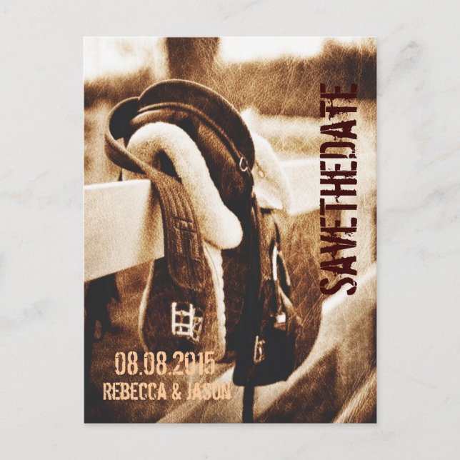 Rustika rustika cowboyhästbröllop spara datum meddelande vykort (Framsida)