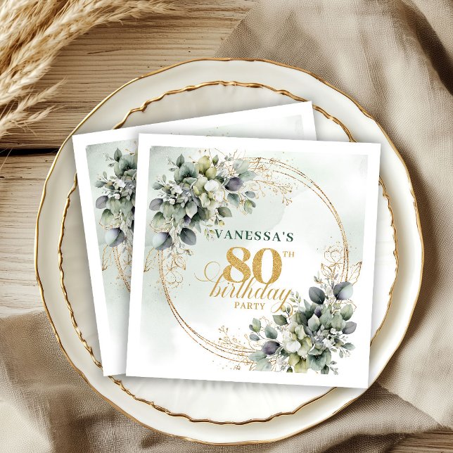 Rustika servetter med grönska och guld till 80-års (Rustic Greenery and Gold 80th Birthday Napkins)