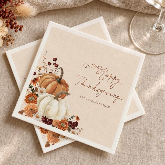 Rustika servetter med pumpa och blommor för Thanks (Happy Thanksgiving Pumpkins and Fall Florals Paper Napkins)
