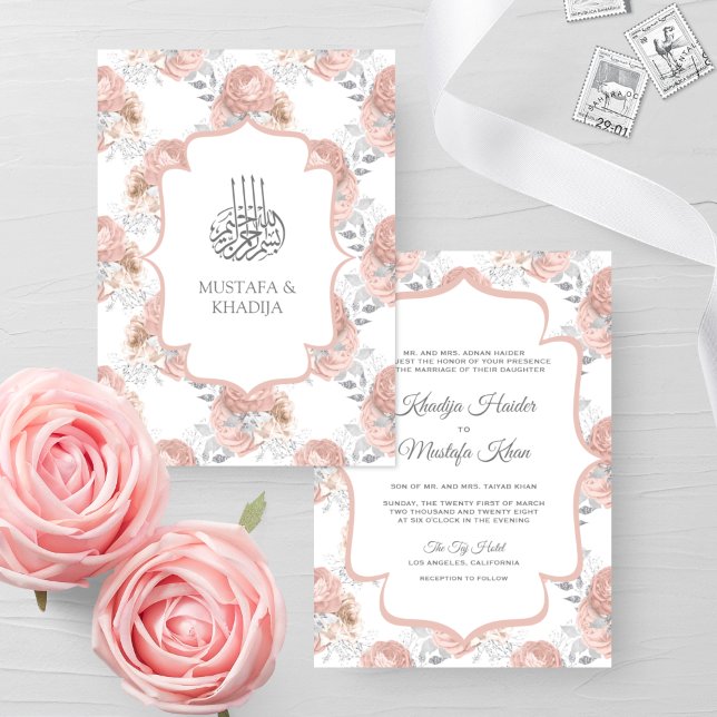 Rustika silver- och rosablommiga rosor Muslimska b Inbjudningar (Skapare uppladdad)