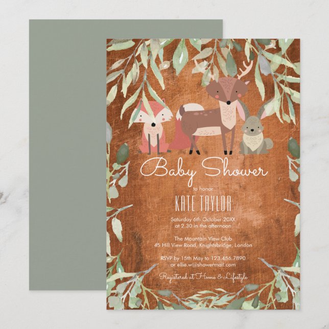 Rustika skogs djur Baby Shower / Sprinkle Inbjudningar (Fram/baksida)