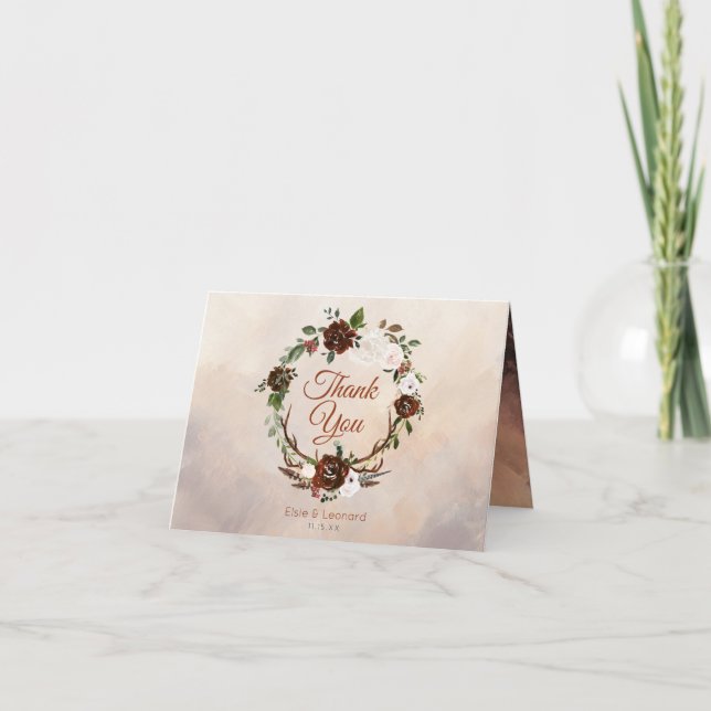 Rustika skogslandskapsfjädrar och blommande blommo tack kort (Framsida)