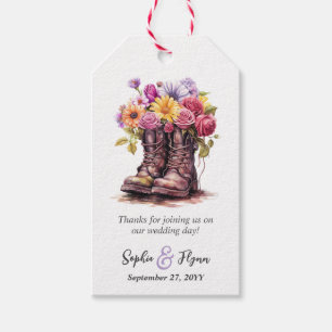 Rustika skor med blommor lantbröllop tack presentetikett