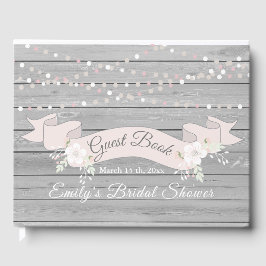 Rustika slinglampor i grått trä för bröllopsfest gästböcker