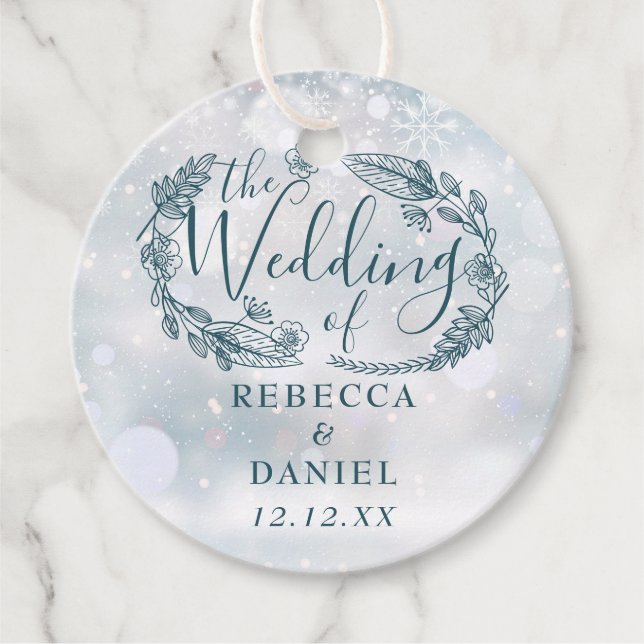 Rustika snöflingor vinterbröllop gåvor etiketter (Framsida)