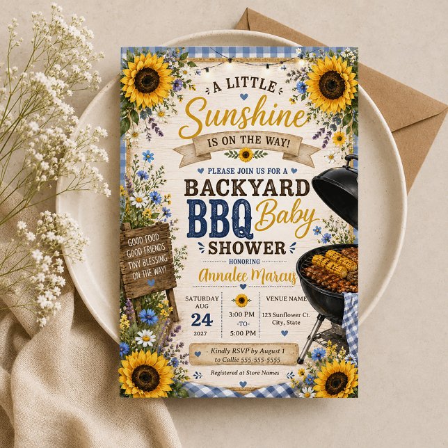 Rustika Solros BBQ Blå Karo Baby Shower BBQ  Inbjudningar (Little Sunshine Backyard BBQ Baby Shower invitation)