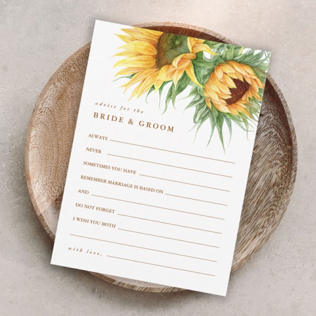 Rustika Solros Bröllopsdusch Rådkort (Elegant sunflower bridal shower advice enclosure cards.)