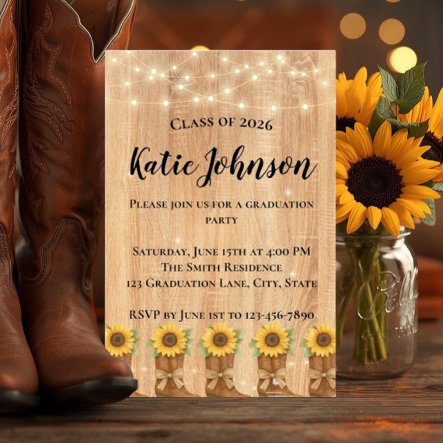 Rustika Solros Cowboy Stövlar Examen Fest Inbjudningar (Celebrate your grad with this rustic sunflower and cowboy boot country bohemian invitation.)