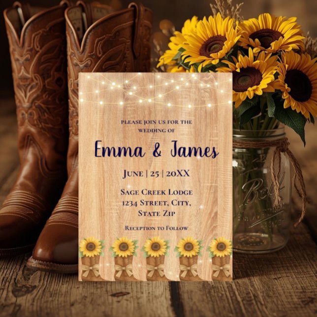 Rustika solros cowboystövlar trä bröllop inbjudningar (Rustic sunflower cowboy boots wedding invite—perfect for country barn and western-themed weddings.)