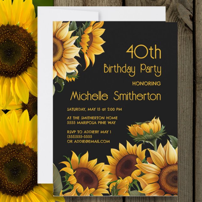 Rustika Solros Elegant Svart 40-årsdag Inbjudningar (Sunflowers on black 40th birthday party invitation)