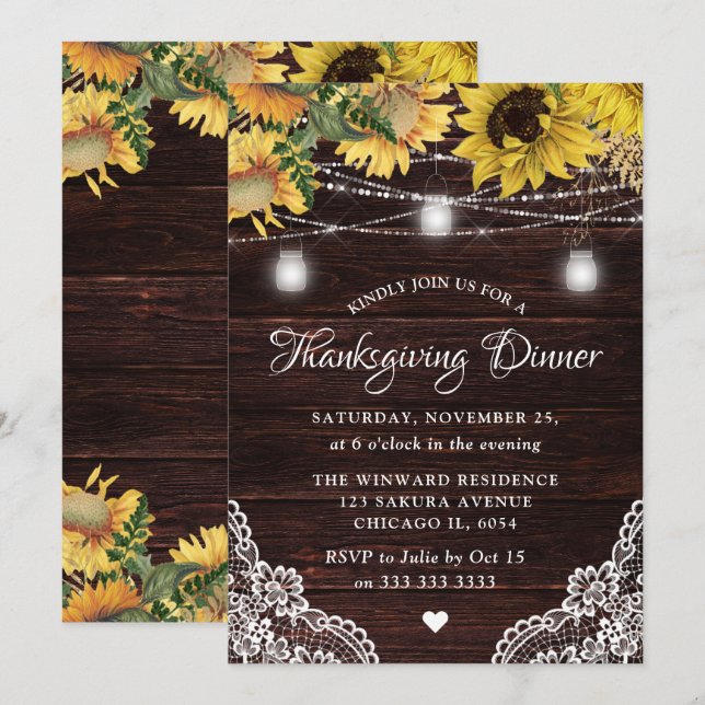 Rustika Solros- och Murarburksljus Thanksgiving Inbjudningar (Fram/baksida)