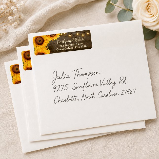 Rustika Solros Strängljus Bröllopsadress Returadress Etikett (Rustic Sunflower Wedding Envelope return address label)