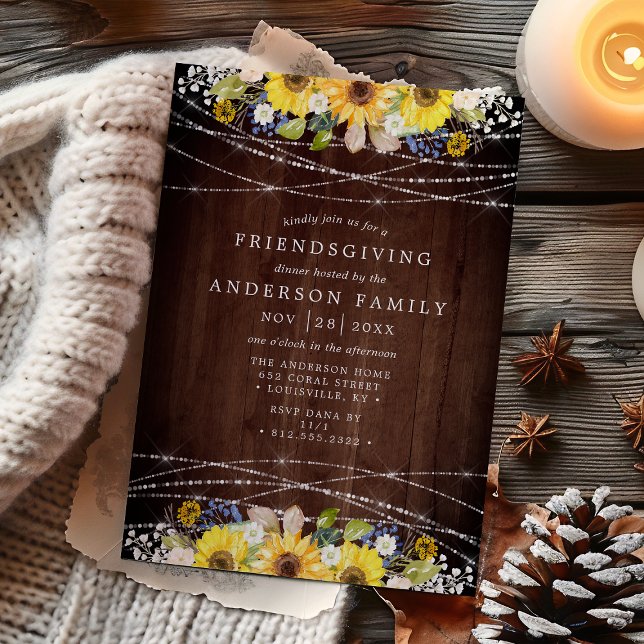 Rustika Solros Strängljus Friendsgiving Fest Inbjudningar (Skapare uppladdad)