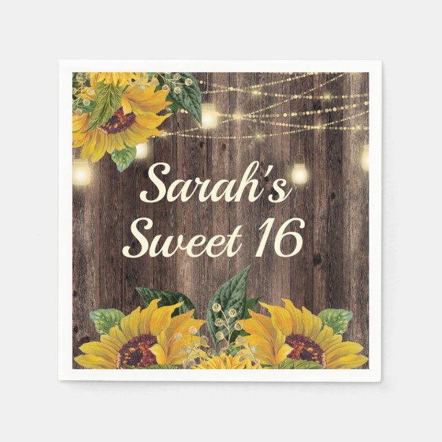 Rustika Solros Strängljus Trä Sweet 16 Pappersservett (Framsidan)