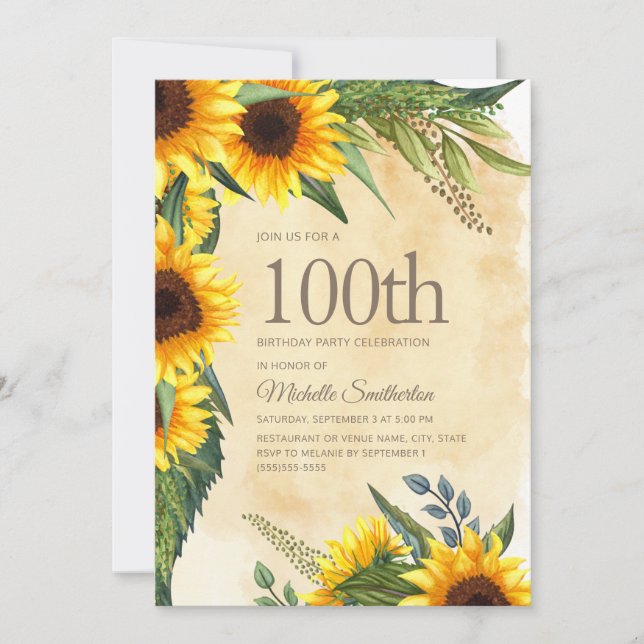 Rustika Solrosar 100-årsdag Inbjudningar (Framsida)