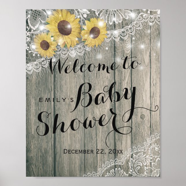 Rustika Solrosar i Trä Broderi  Baby Shower Välkom Poster (Framsidan)