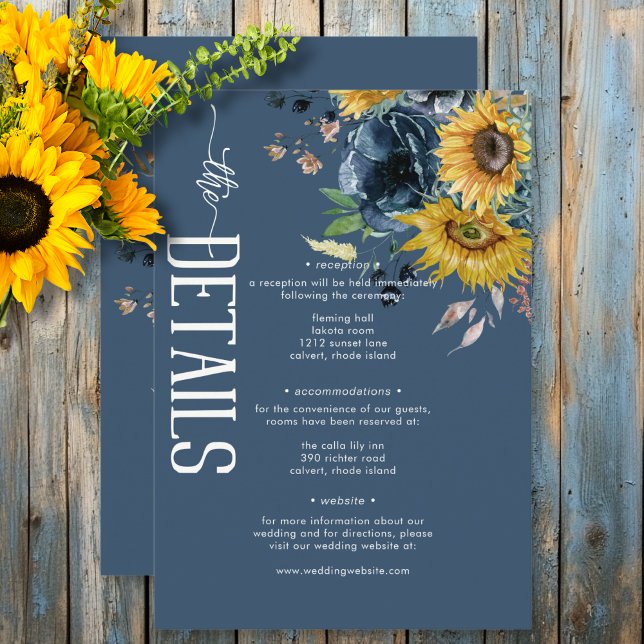 Rustika solrosbröllop i dammig blå färg - detaljer tilläggskort (Rustic Dusty Blue Sunflowers Wedding Details Enclosure Card)