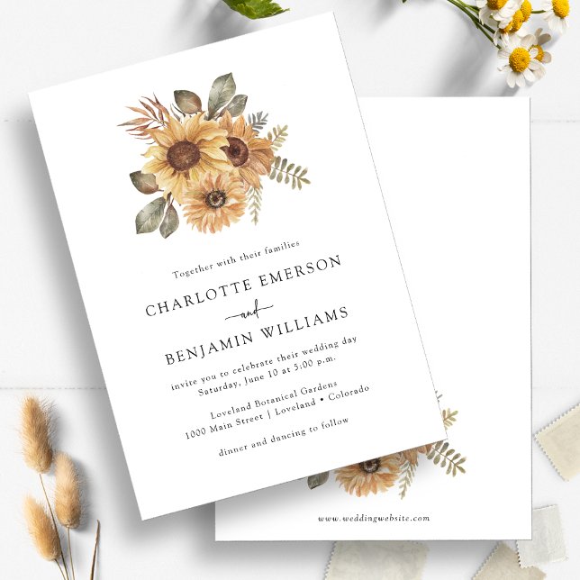Rustika Solrosbröllop Inbjudningar (Elegant Sunflowers Watercolor  Wedding Invitation by Painted Paperie
)