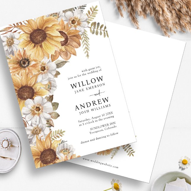 Rustika Solrosbröllopsinbjudningar Inbjudningar (Rustic Watercolor Sunflower Floral Wedding Invitations by Painted Paperie
)