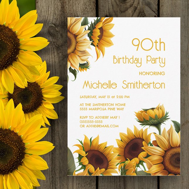 Rustika solrosor 90-årsfirande med elegans inbjudningar (Yellow sunflowers on 90th birthday party invitation)