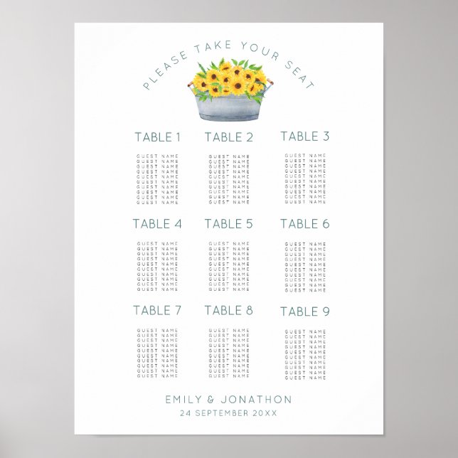 Rustika solrosor 9 Bord 90 Gästernas sittplatskart Poster (Framsidan)