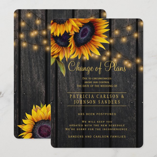 Rustika solrosor ändring av planer meddelande inbjudningar (Fram/baksida)