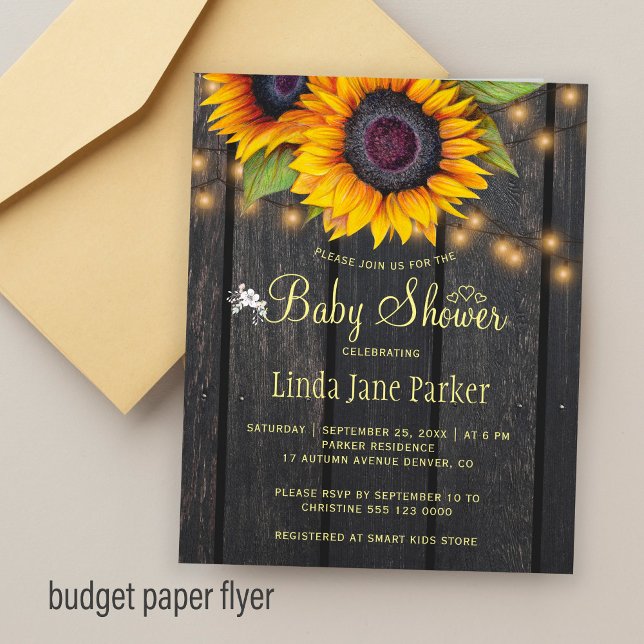 Rustika solrosor BUDGET baby shower-inbjudan Flygblad (Skapare uppladdad)