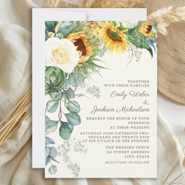 Rustika solrosor Eukalyptus Vita Rosor Bröllop Inbjudningar (Elegant sunflowers and eucalyptus wedding invitation)