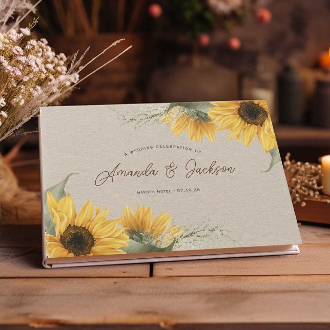 Rustika solrosor i beige vattenfärg elegant bröllo gästböcker (Watercolor sunflower themed, wedding guestbook for rustic, country or barn wedding.)