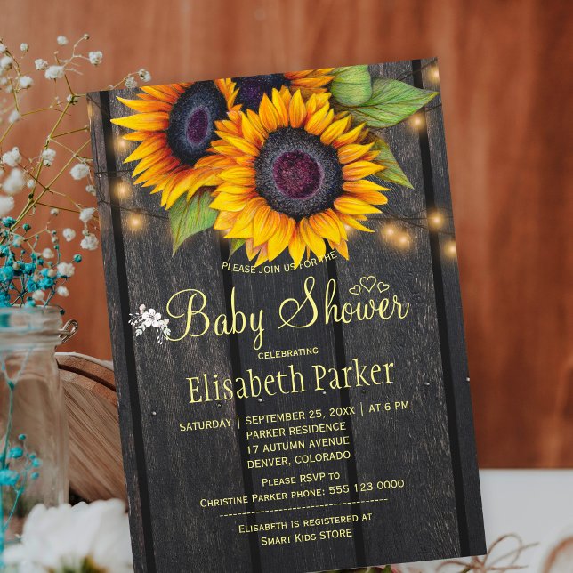 Rustika solrosor i guld barn trä baby shower inbjudningar (Skapare uppladdad)