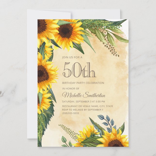 Rustika solrosor i gult för 50-årsdag inbjudningar (Framsida)