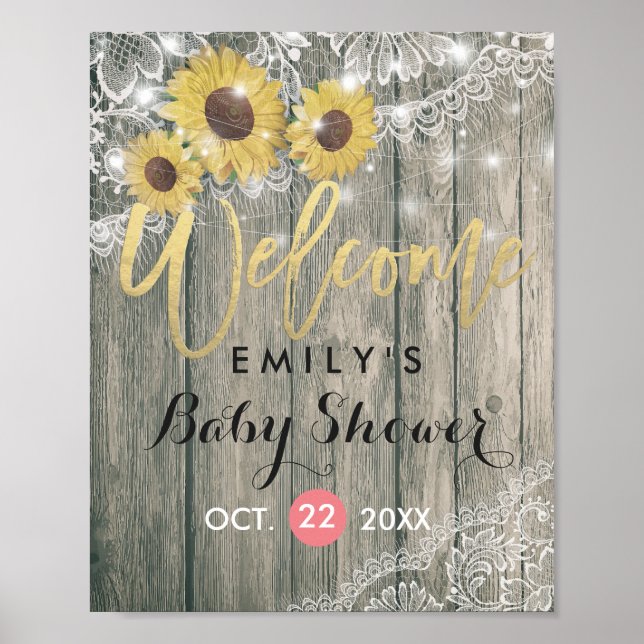 Rustika solrosor i trä - Spets Baby Shower Välkomm Poster (Framsidan)