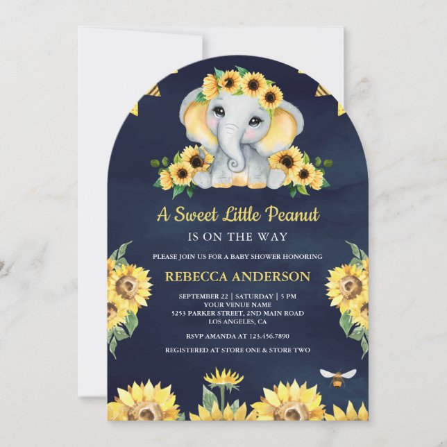 Rustika solrosor Navyblå Elefant Baby Shower Inbjudningar (Framsida)