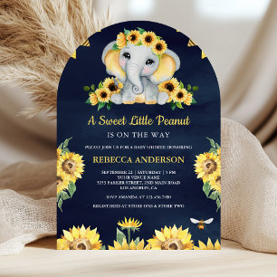 Rustika solrosor Navyblå Elefant Baby Shower Inbjudningar