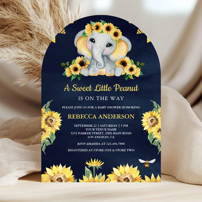 Rustika solrosor Navyblå Elefant Baby Shower Inbjudningar (Skapare uppladdad)