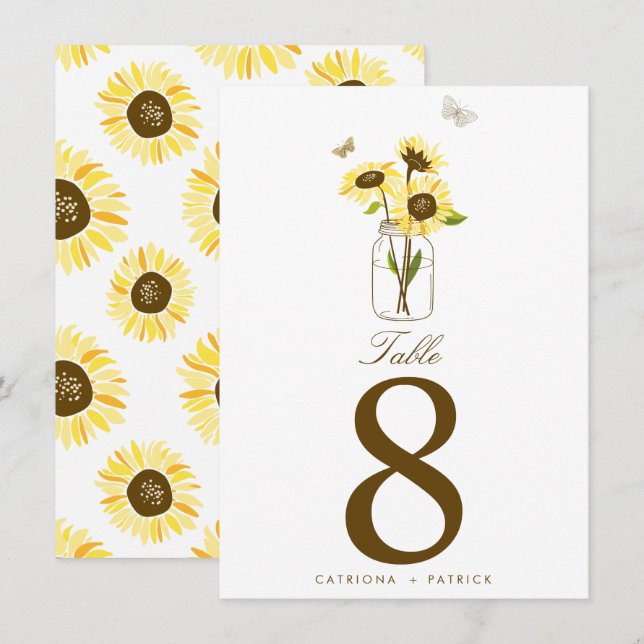 Rustika solrosor på en murad krukbord nummer inbjudningar (Fram/baksida)