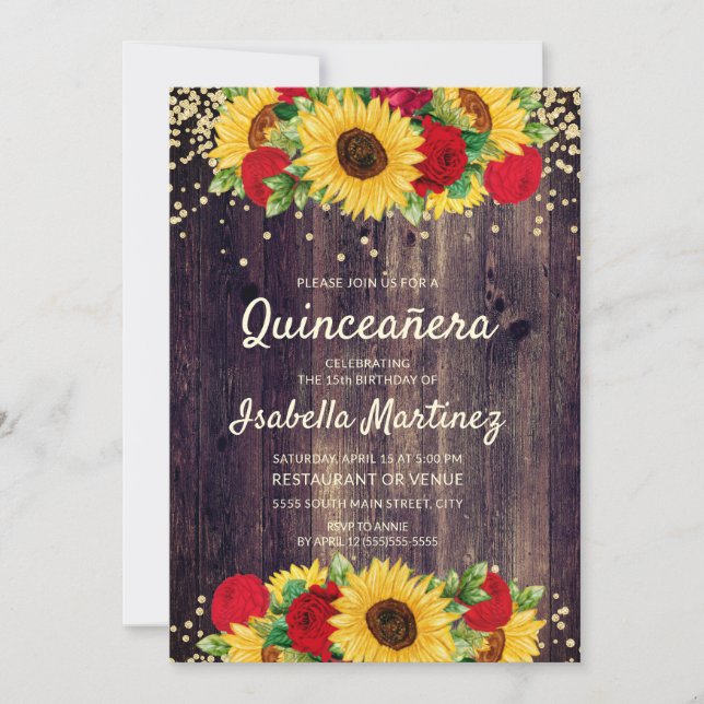 Rustika solrosor röda rosor Quinceañera   Inbjudningar (Framsida)