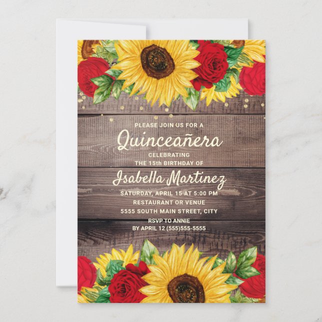Rustika solrosor röda rosor Quinceañera  Inbjudningar (Framsida)