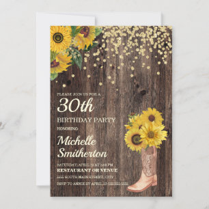 Rustika solrosstövlar glitter 30-årsdag inbjudningar