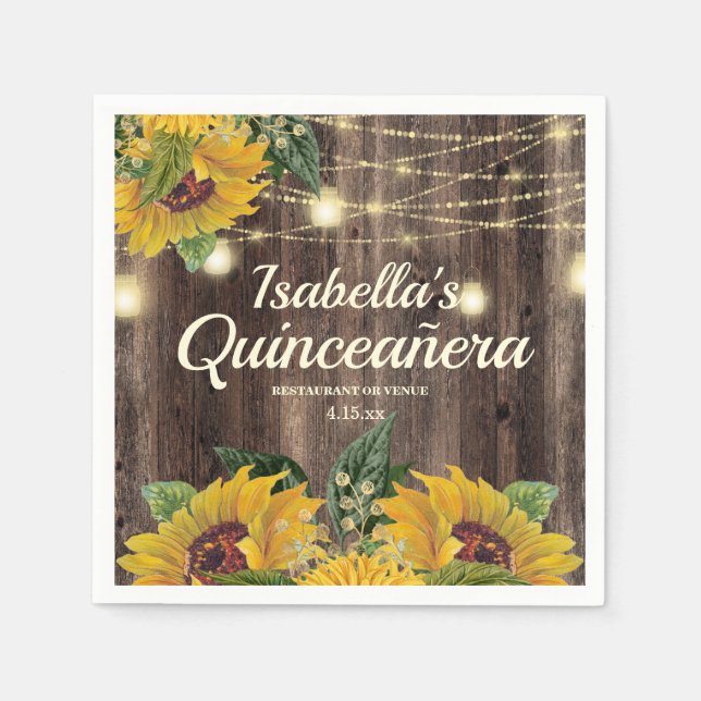 Rustika solrossträngljus trä Quinceañera Pappersservett (Framsidan)