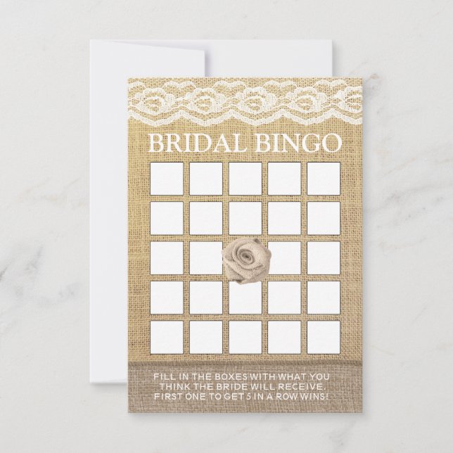 Rustika Spets Jute Ros Bröllopsdusch Bingo Kort (Framsida)