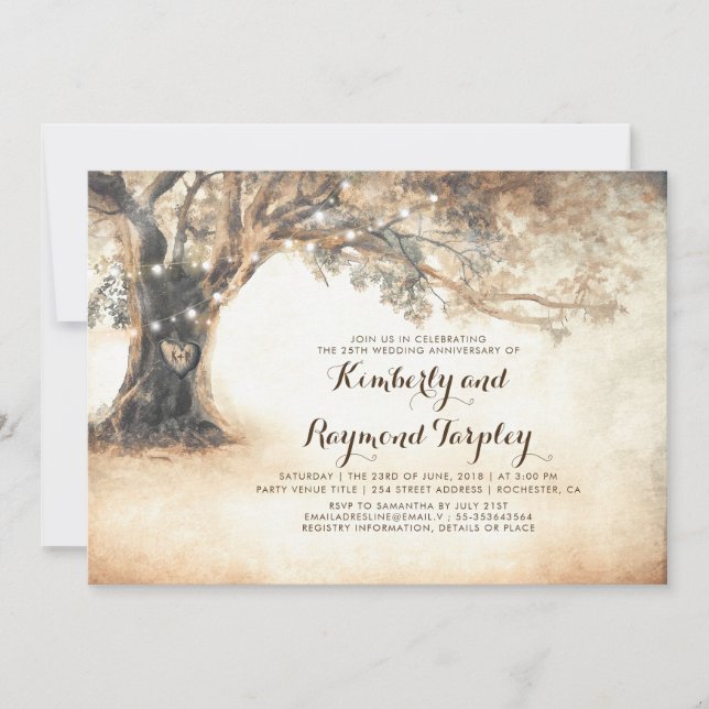 Rustika strålkastare för ekträd bröllopsjubileum inbjudningar (Framsida)